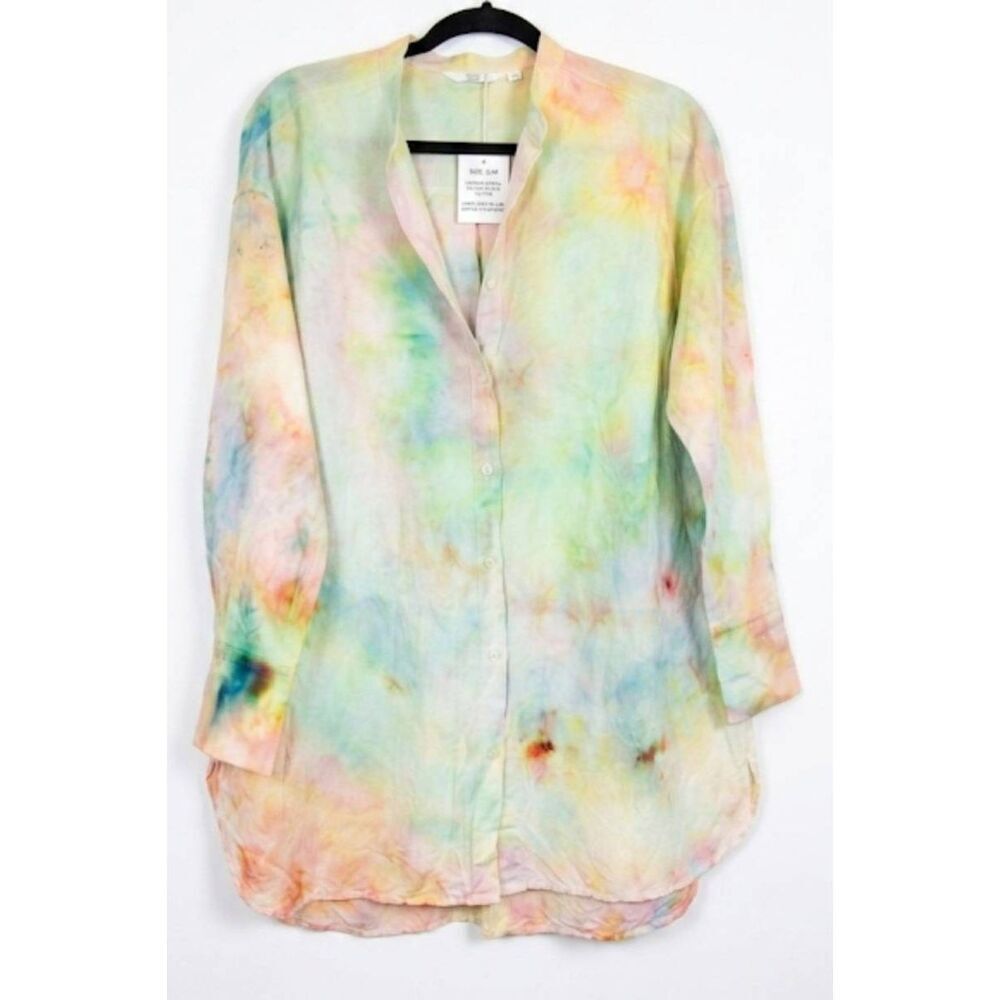 Uniqlo womens large tunic top tie dye linen rayon lime green shirt blouse